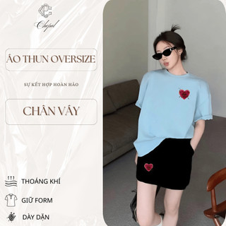 Set Bộ Áo Thun Nữ CHEPOL Form Rộng, Phối Chân Váy Ngắn, In Trái tim, Chất Cotton ( Áo Phông Xanh Biển + CV ĐEN)-CP_x6183