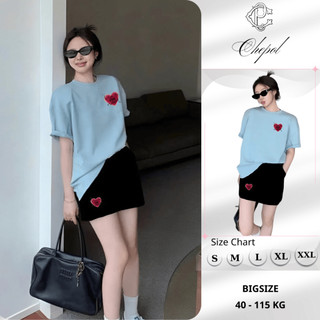 Set Bộ Áo Thun Nữ CHEPOL Form Rộng, Phối Chân Váy Ngắn, In Trái tim, Chất Cotton ( Áo Phông Xanh Biển + CV ĐEN)-CP_x6183
