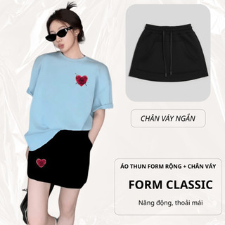 Set Bộ Áo Thun Nữ CHEPOL Form Rộng, Phối Chân Váy Ngắn, In Trái tim, Chất Cotton ( Áo Phông Xanh Biển + CV ĐEN)-CP_x6183