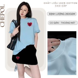 Set Bộ Áo Thun Nữ CHEPOL Form Rộng, Phối Chân Váy Ngắn, In Trái tim, Chất Cotton ( Áo Phông Xanh Biển + CV ĐEN)-CP_x6183