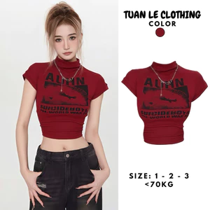 Áo Thun Nữ Croptop Cổ Lọ Tay Ngắn Body Ôm Màu Đỏ Đô In Hình Graphic Ulzzang Cotton Co Giãn 4 Chiều