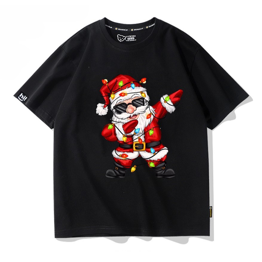 Áo thun Noel kiểu Unisex mẫu ông Già Noel Dabbing dây đèn Neon Hiphop cute