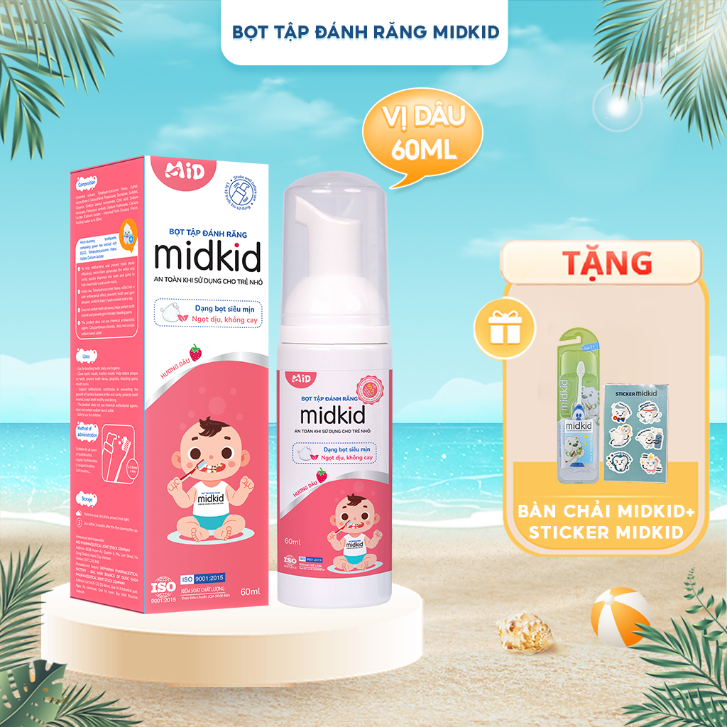Bọt tập đánh răng Midkid cho trẻ từ 1 tuổi vị Dâu hữu cơ nuốt an toàn, không Fluoride, không chất mài mòn răng, lọ 60ml