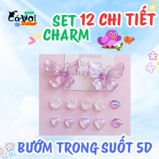 Charm gắn dép: Set charm 12 chi tiết: Bướm trong suốt 5D hàng xịn