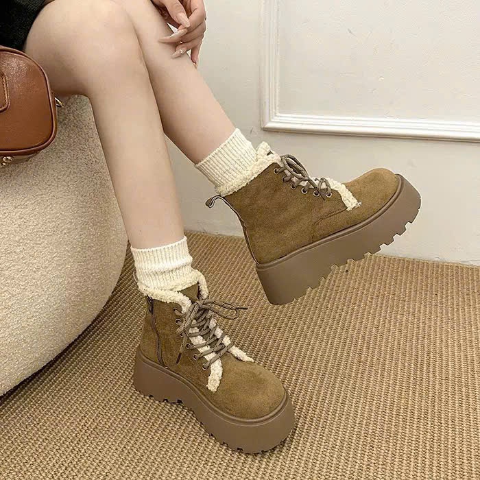 Bốt Lót Lông Cừu Cổ Thấp Đế Bánh Mì Có Dây Buộc và Khóa Kéo Phù Hợp Mùa Đông Phong Cách Hàn Quốc B26 - ntshoes