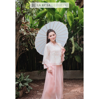 Set Váy Tơ Tiểu Thư La Rosa Áo Cách Tân Thêu Hoa Dáng Suông Phối Chân Váy Dài Xếp Lớp Xòe Nhẹ S1009