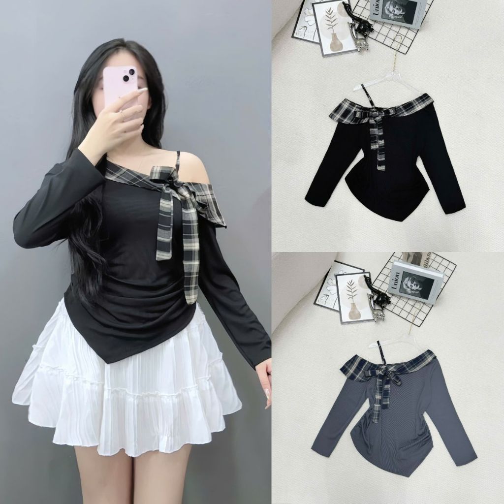 Áo Thun Dài Tay Lệch Vai Bigsize Nữ Vải Gân Tăm Phối Nơ Caro Kẻ Cho Chubby 60-95kg A333