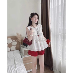 Set lụa & coton lạnh áo babydoll phối quần short đỏ siêu xinh, chất đẹp mát nhẹ diện đi chơi cực nổi