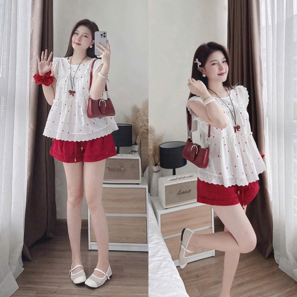 Set lụa & coton lạnh áo babydoll phối quần short đỏ siêu xinh, chất đẹp mát nhẹ diện đi chơi cực nổi