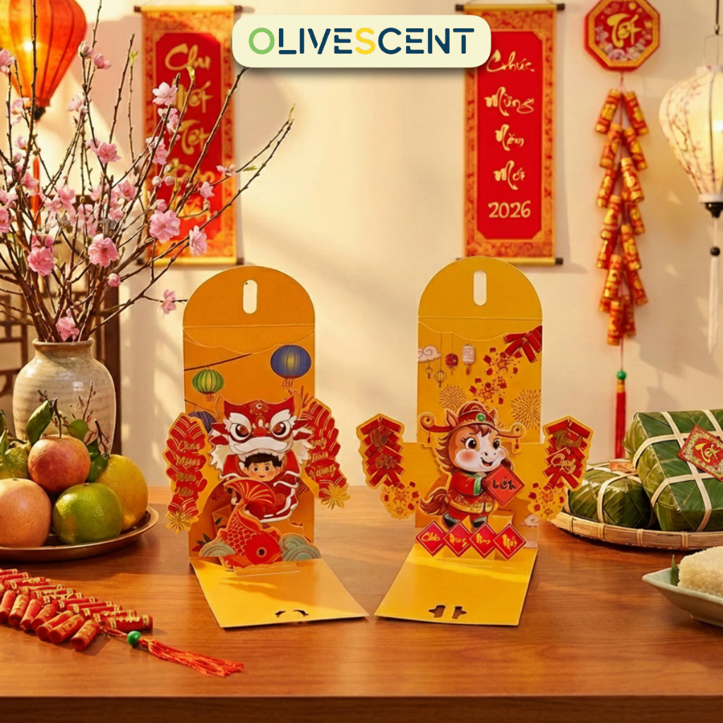 Lì Xì 3D Olivescnet Xinh Xắn – Mẫu Hot Trend Tết Bính Ngọ 2026, Đón Tài Lộc – Thiệp Lì Xì 3D Cao Cấp