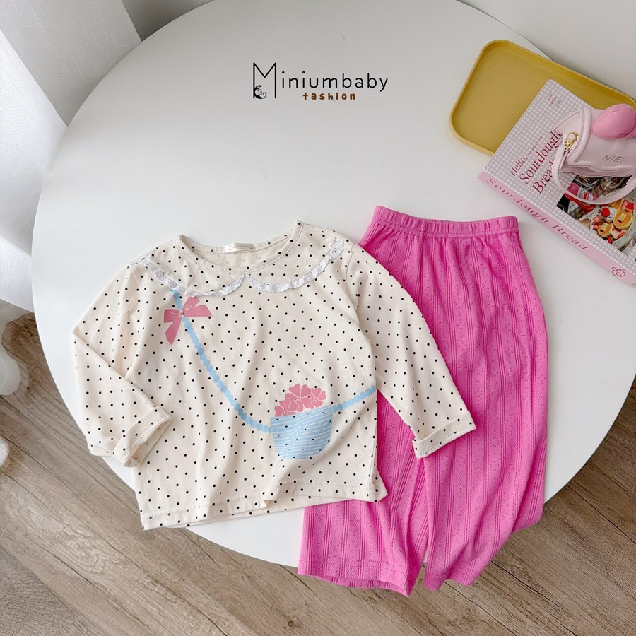 Set bộ dài tay bé gái cổ sen Miniumbaby mix hình đính nơ cho bé 1-6 tuổi chất cotton mềm mát SB2510