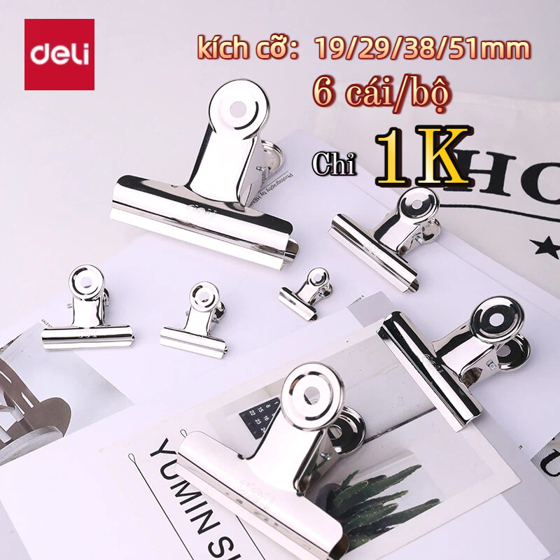 Set 6 chiếc kẹp bướm, Kẹp kim loại đuôi tròn - Deli, Kẹp giấy tài liệu văn phòng 19mm 29mm 38mm 51mm
