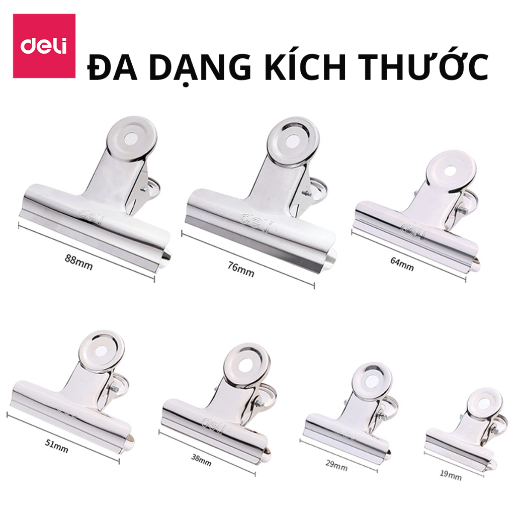 Set 6 chiếc kẹp bướm, Kẹp kim loại đuôi tròn - Deli, Kẹp giấy tài liệu văn phòng 19mm 29mm 38mm 51mm