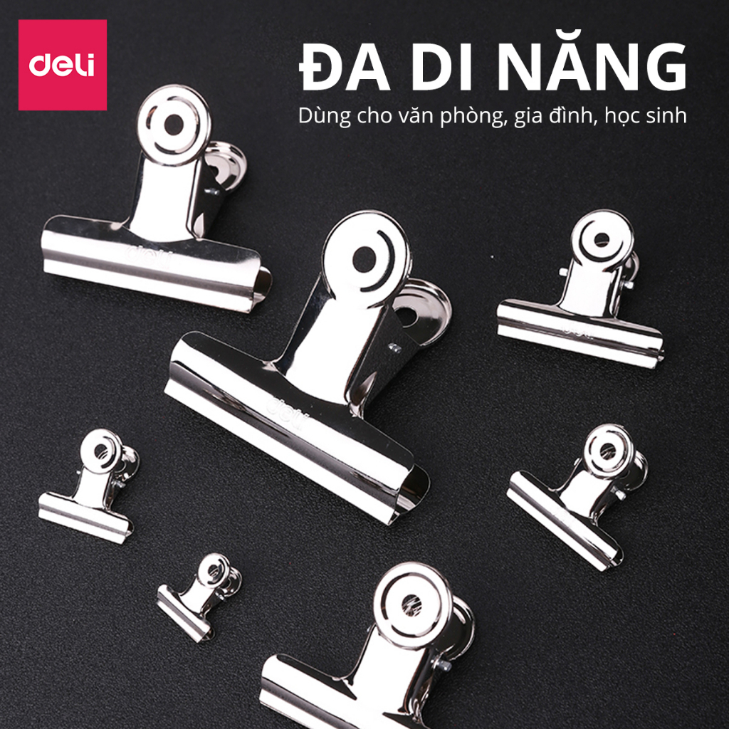 Set 6 chiếc kẹp bướm, Kẹp kim loại đuôi tròn - Deli, Kẹp giấy tài liệu văn phòng 19mm 29mm 38mm 51mm