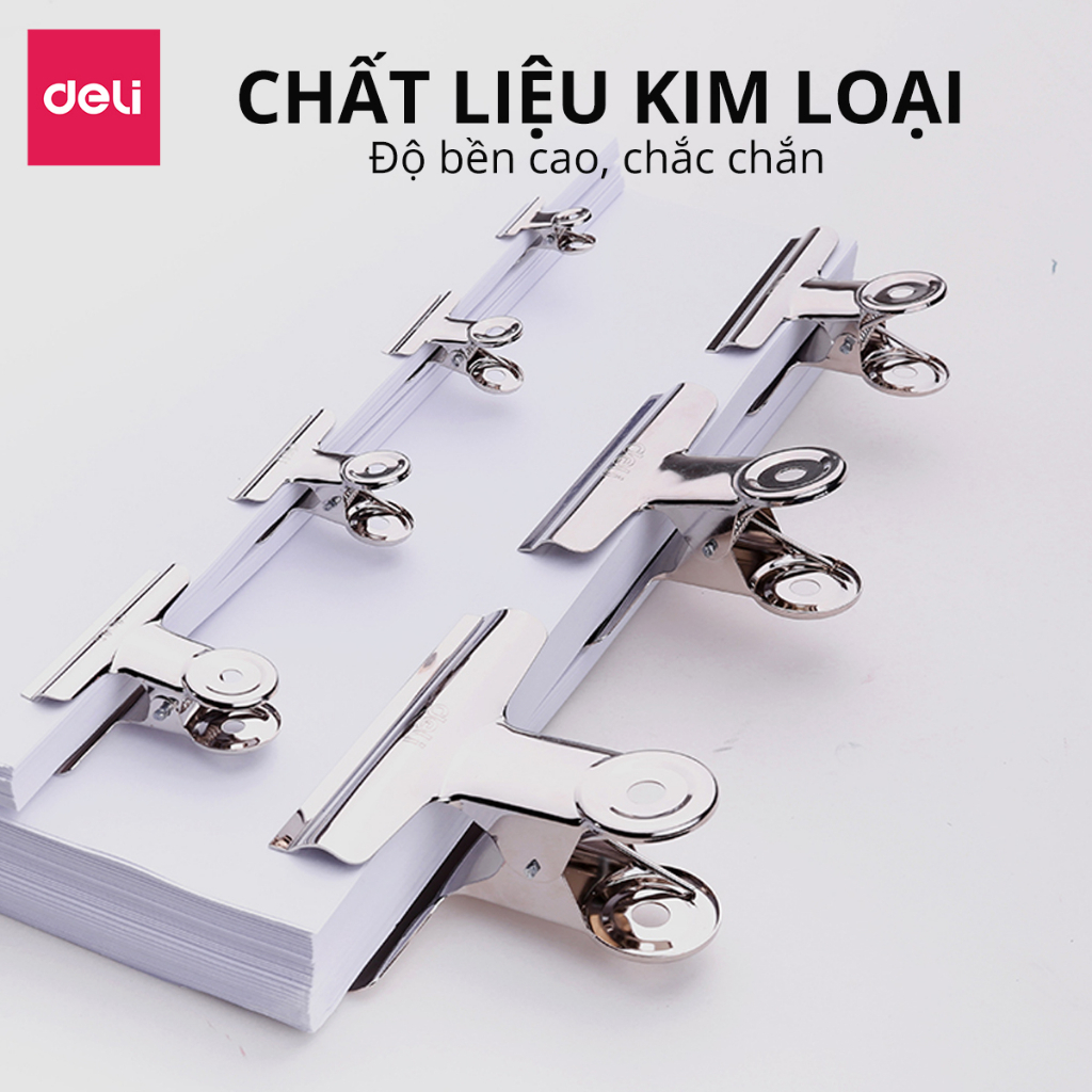 Set 6 chiếc kẹp bướm, Kẹp kim loại đuôi tròn - Deli, Kẹp giấy tài liệu văn phòng 19mm 29mm 38mm 51mm