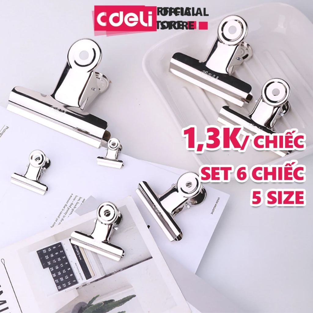 Set 6 chiếc kẹp bướm, Kẹp kim loại đuôi tròn - Deli, Kẹp giấy tài liệu văn phòng 19mm 29mm 38mm 51mm