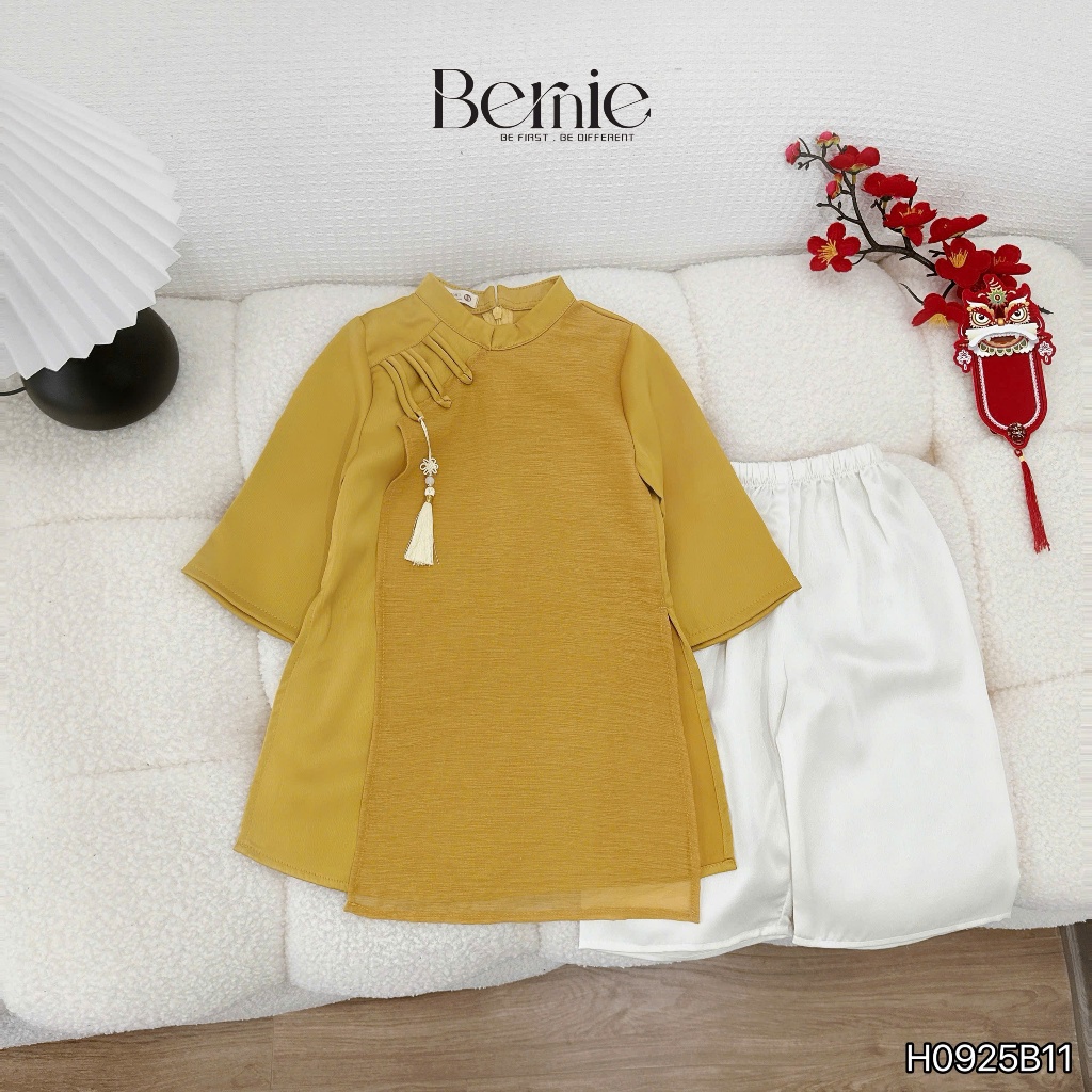 Set áo dài lụa Thiên tụ bé trai diện tết, bộ áo dài trơn màu basic phối quần xuông lụa truyền thống