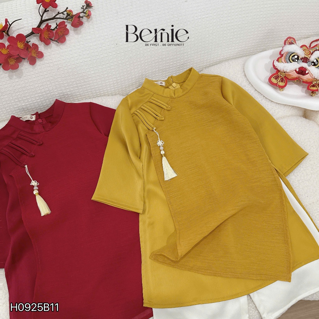 Set áo dài lụa Thiên tụ bé trai diện tết, bộ áo dài trơn màu basic phối quần xuông lụa truyền thống