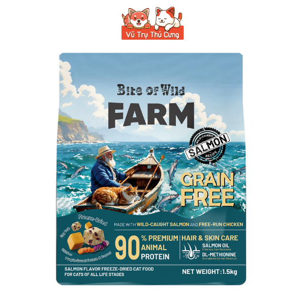 Thức Ăn Hạt Cho Mèo Bite Of Wild Farm 1,5kg Vị Cá Hồi, Mượt Lông Da, Không Ngũ Côc, Topping Thịt Sấy