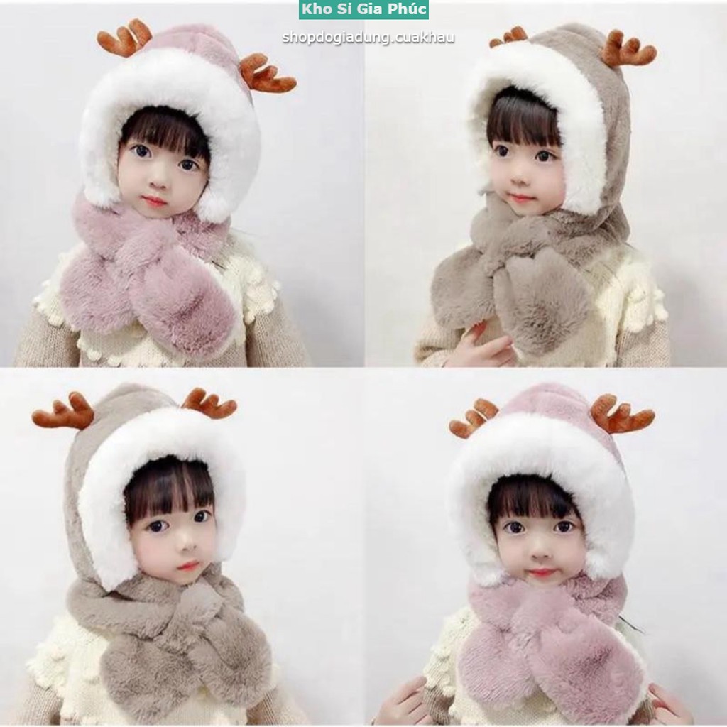 Mũ lông sừng hươu kèm khăn cho bé từ 3 đến 7 tuổi