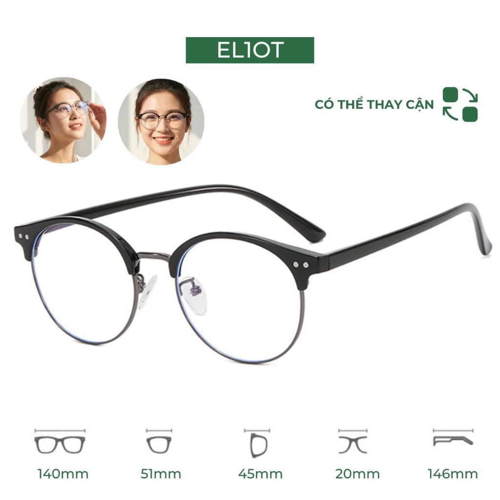 Mắt kính nửa viền Clubmaster dáng tròn kính chống ánh sáng xanh ELIOT kiểu dáng thời trang có thể thay tròng cận 83033