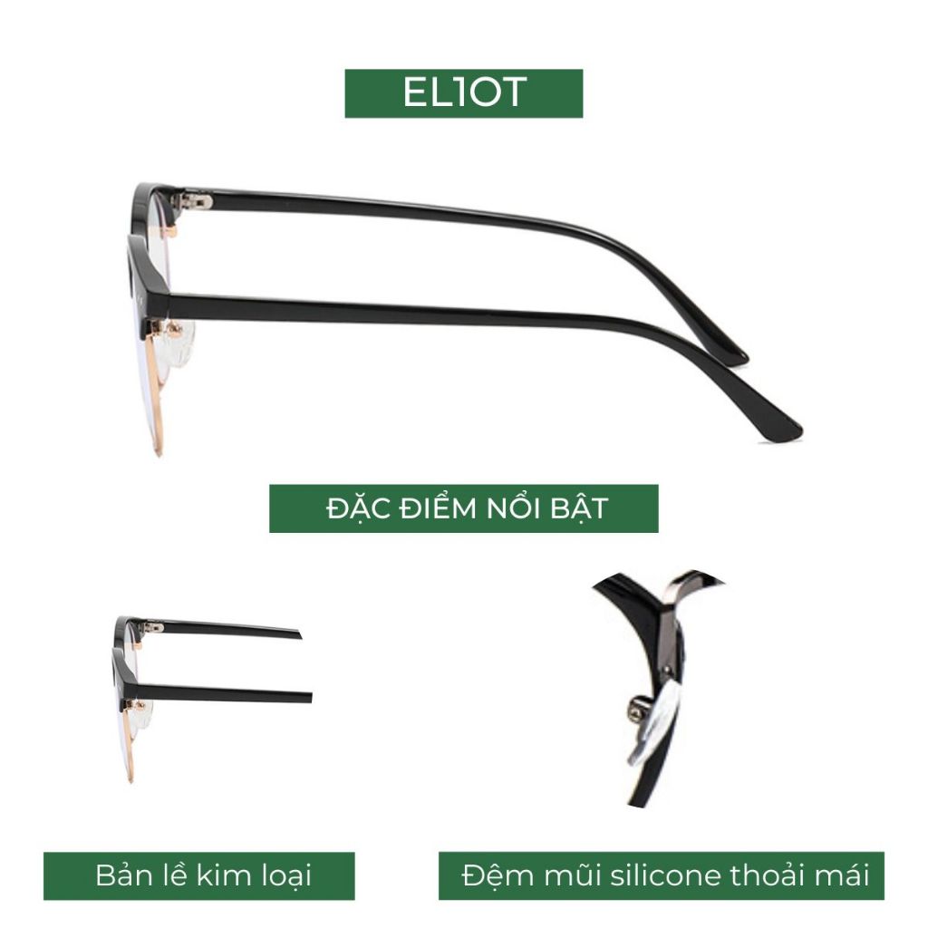 Mắt kính nửa viền Clubmaster dáng tròn kính chống ánh sáng xanh ELIOT kiểu dáng thời trang có thể thay tròng cận 83033