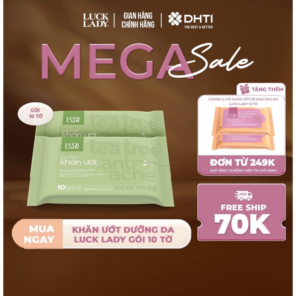 Khăn ướt dưỡng da Luck Lady 10 tờ, dưỡng ẩm, kháng khuẩn, bảo vệ làn da phụ nữ, hương tự nhiên 3 loại