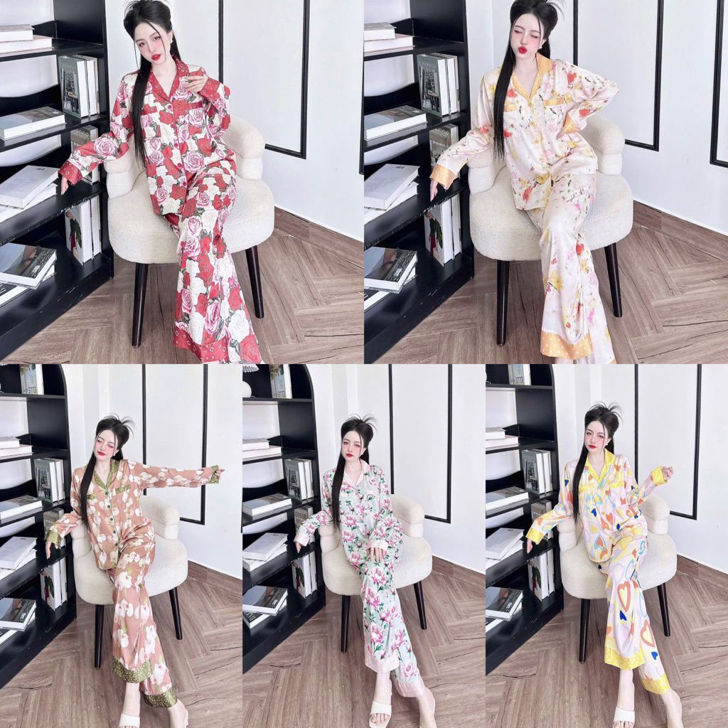(45-65kg) Bộ pijama mặc nhà cho nữ lụa latin mềm mát tay dài quần dài