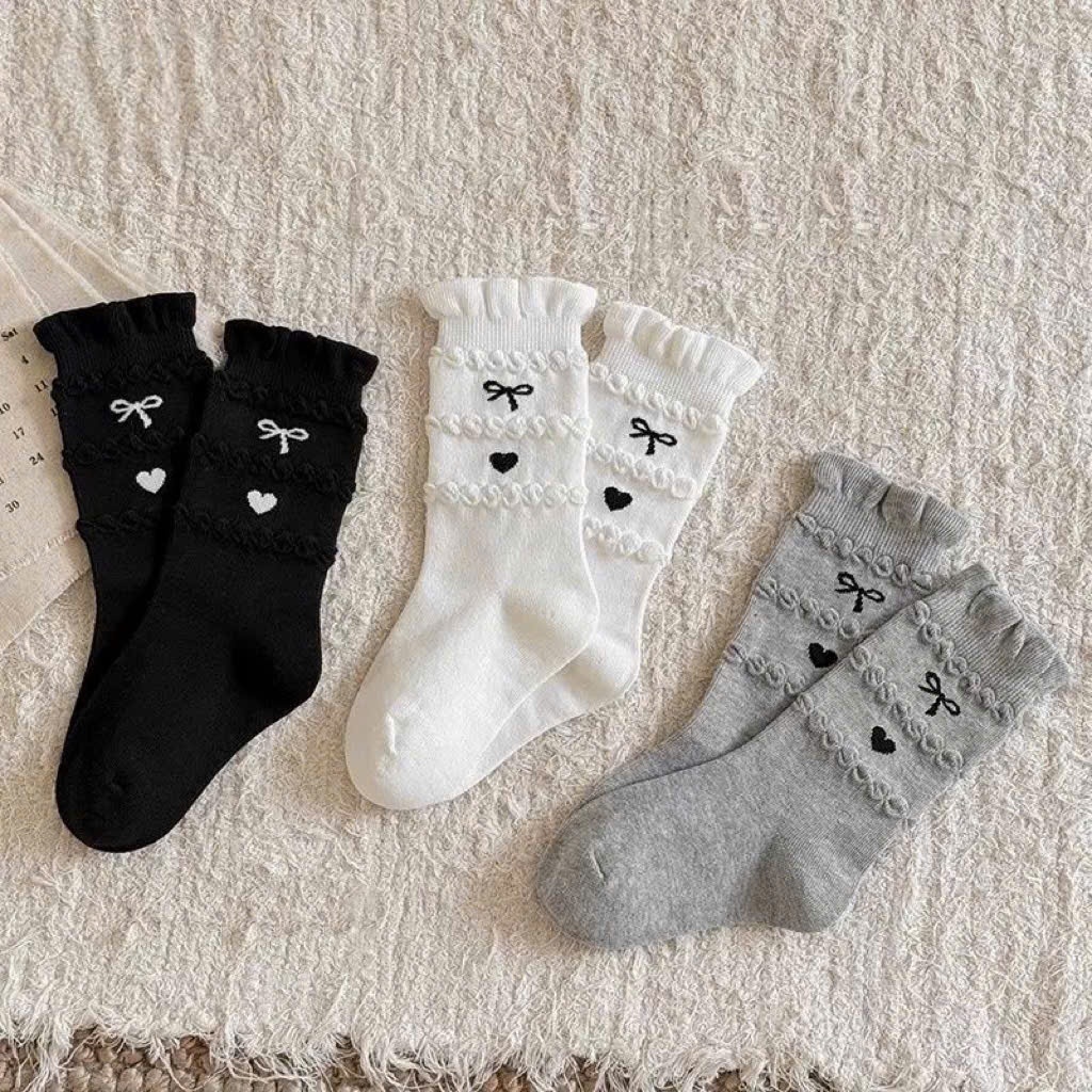 Set 10 Đôi Tất Cao Cổ Cho Bé Gái Viền Bèo Nơ Đen Phong Cách Korea Siêu Hot