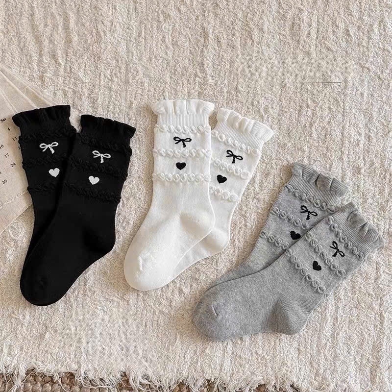 Set 10 Đôi Tất Cao Cổ Cho Bé Gái Viền Bèo Nơ Đen Phong Cách Korea Siêu Hot