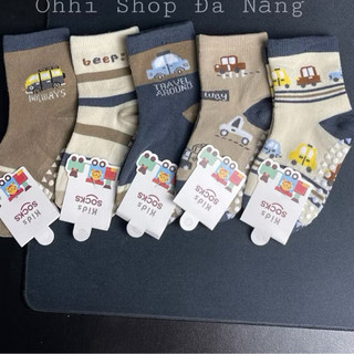 B27 (1-9 tuổi) Set 5 Đôi Tất Cho Bé Trai – Cotton Mềm, Cổ Cao – Họa Tiết Ô Tô Nâu