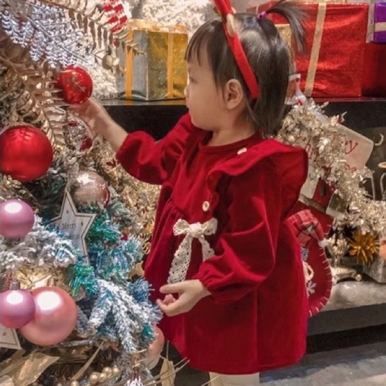 [Ảnh Con Gái Shop] Váy Nhung Đỏ Vải Nhung Cao Cấp Loại 1 Diện Tết - Noel Cho Bé Gái 6M - 7 Tuổi V02