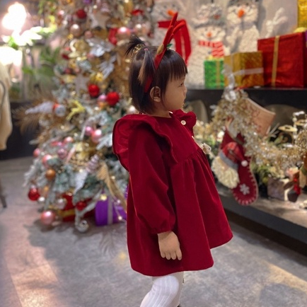 [Ảnh Con Gái Shop] Váy Nhung Đỏ Vải Nhung Cao Cấp Loại 1 Diện Tết - Noel Cho Bé Gái 6M - 7 Tuổi V02