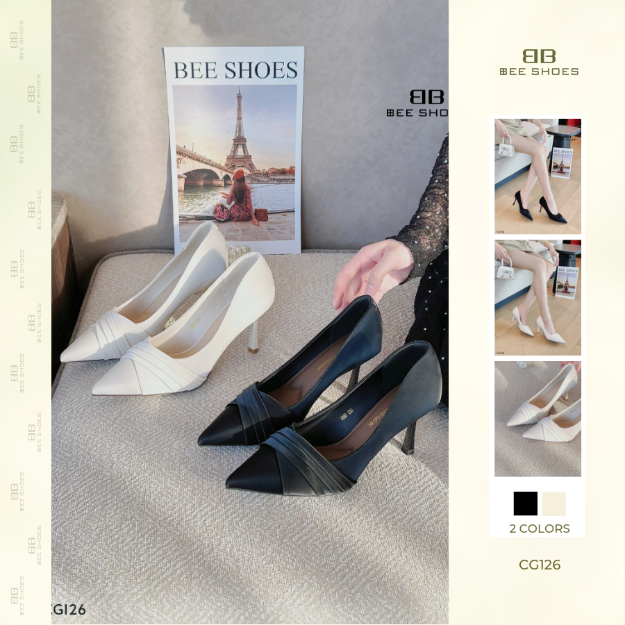 Giày cao gót nữ BEESHOES da lì mũi nhọn gót nhọn cao 7 phân sẵn màu kem - đen CG126 (Form 1.5)