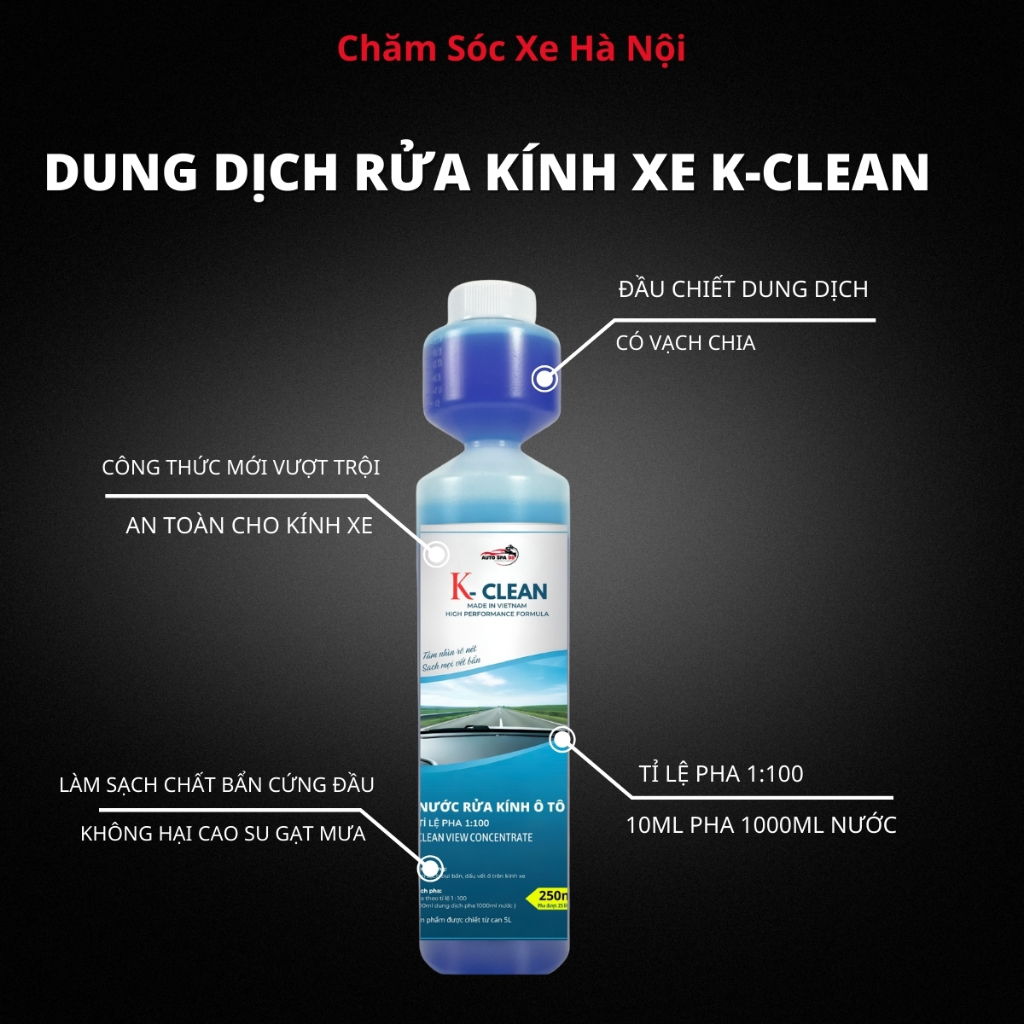 Combo 2 Chai Nước Rửa Kính Ô Tô Đậm Đặc K-CLEAN 250ml – Tỷ Lệ Pha 1:100 – Chiết Từ Can 5L – Làm Sạch Kính, Chống Bám Bụi