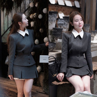 MIMI CLOTHING - Bộ vest xám phối cổ áo trắng nổi bật dáng ôm tôn eo mix chân váy