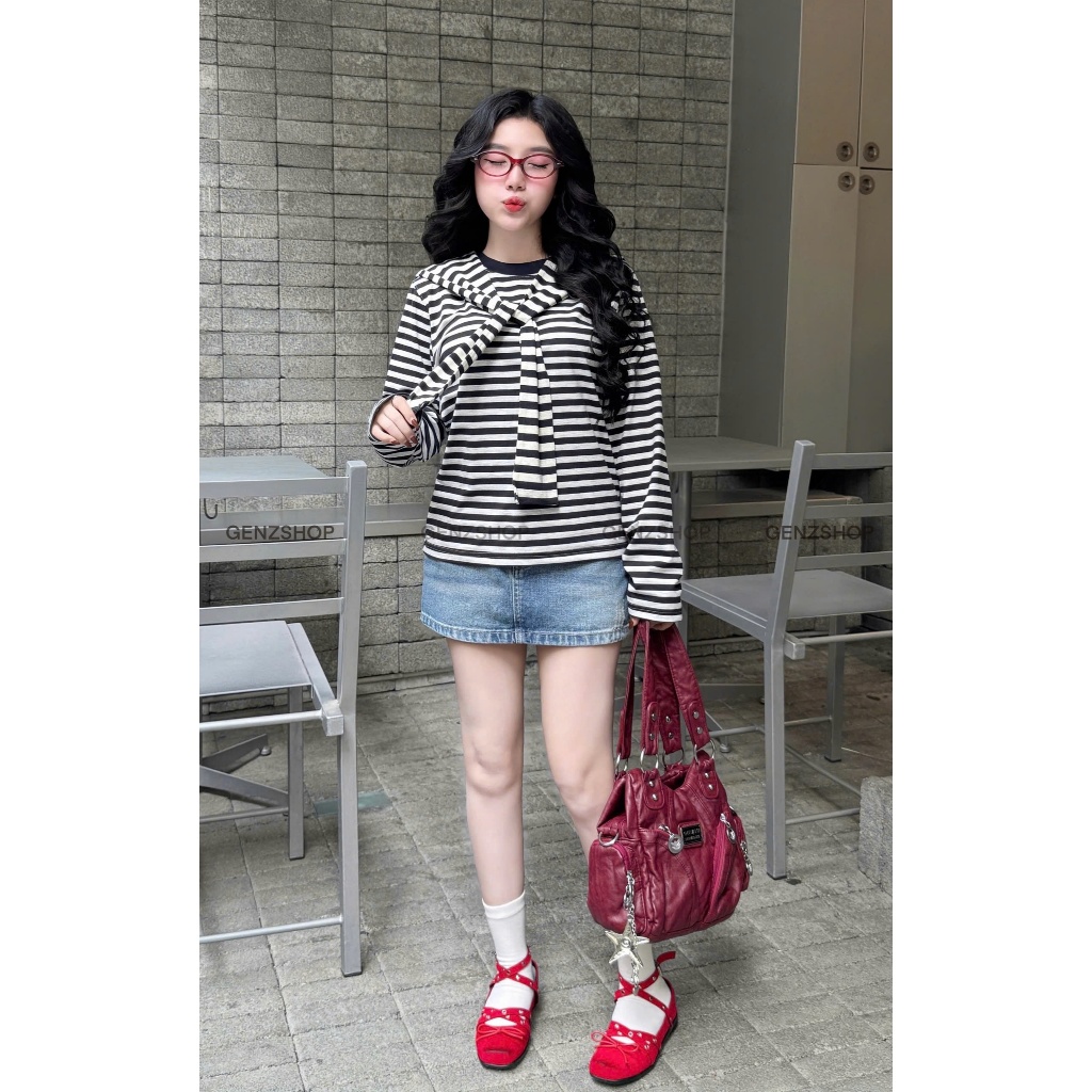 Áo Thun Dài Tay SỌC NGANG Trơn Genz BST26 Thu Đông  Long Sleeve Casual