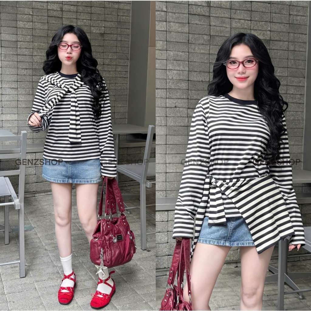 Áo Thun Dài Tay SỌC NGANG Trơn Genz BST26 Thu Đông  Long Sleeve Casual