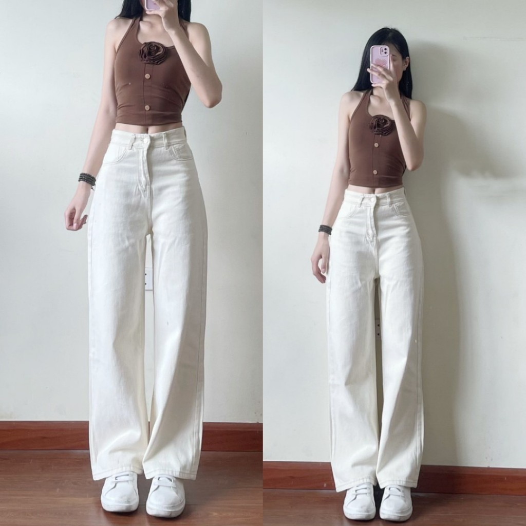 Quần bò jeans trắng nữ Joolate ống suông rộng trơn basic chất jean dày dặn mềm mịn không lộ lên dáng chuẩn