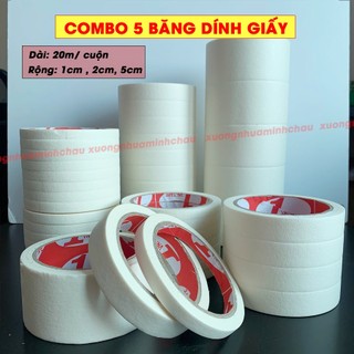[Combo 5] Cuộn Băng Keo Giấy, Băng Dính Giấy dài 20m Khổ Rộng 1cm, 2cm, 3cm - Dễ Xé, Không Để Lại Vệt Keo