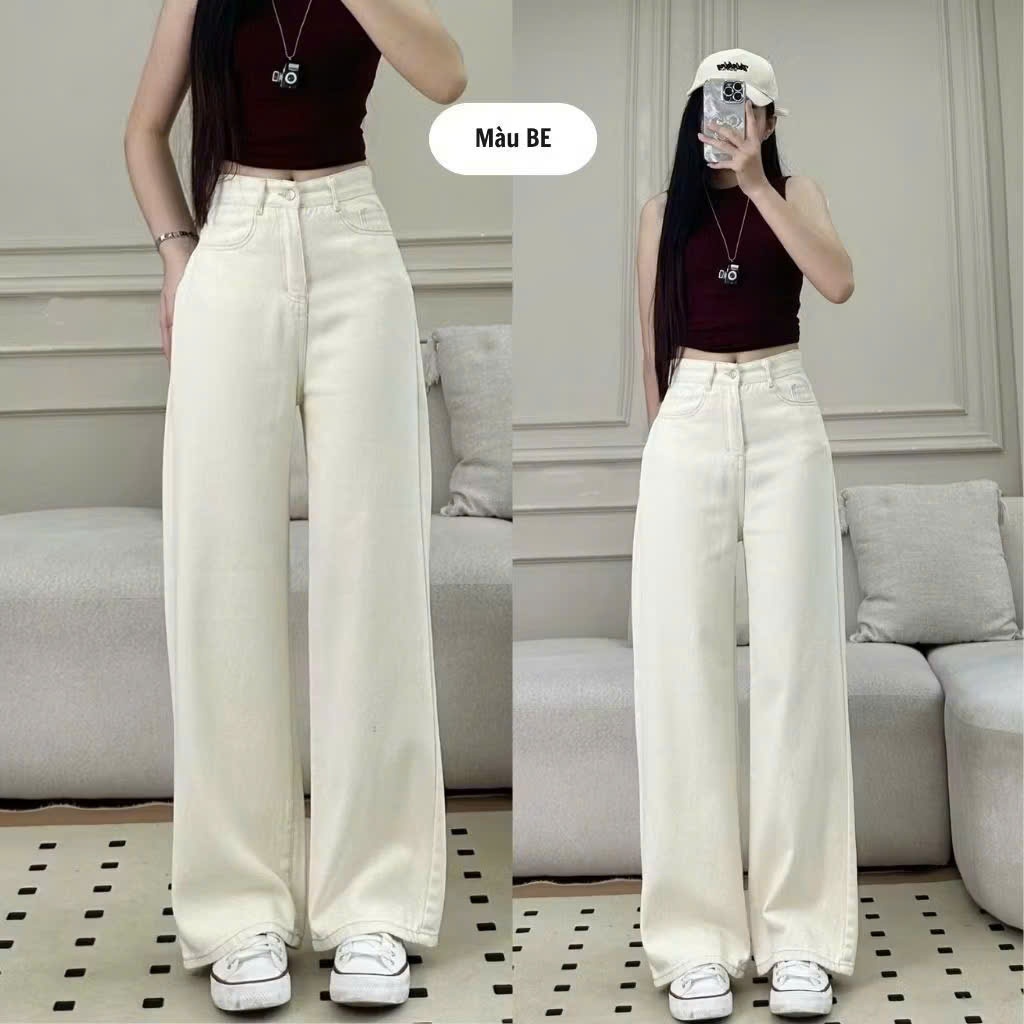 Quần bò jeans trắng nữ Joolate ống suông rộng trơn basic chất jean dày dặn mềm mịn không lộ lên dáng chuẩn