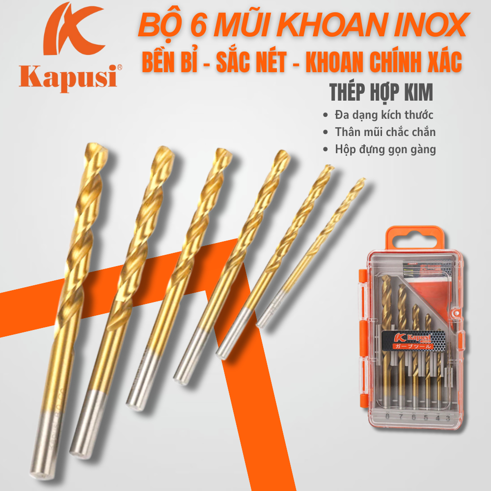 Bộ Mũi khoan inox hãng Kapusi Nhật Bản các gồm 6 cây cỡ 3mm, 4mm, 5mm, 6mm, 7mm, 8mm
