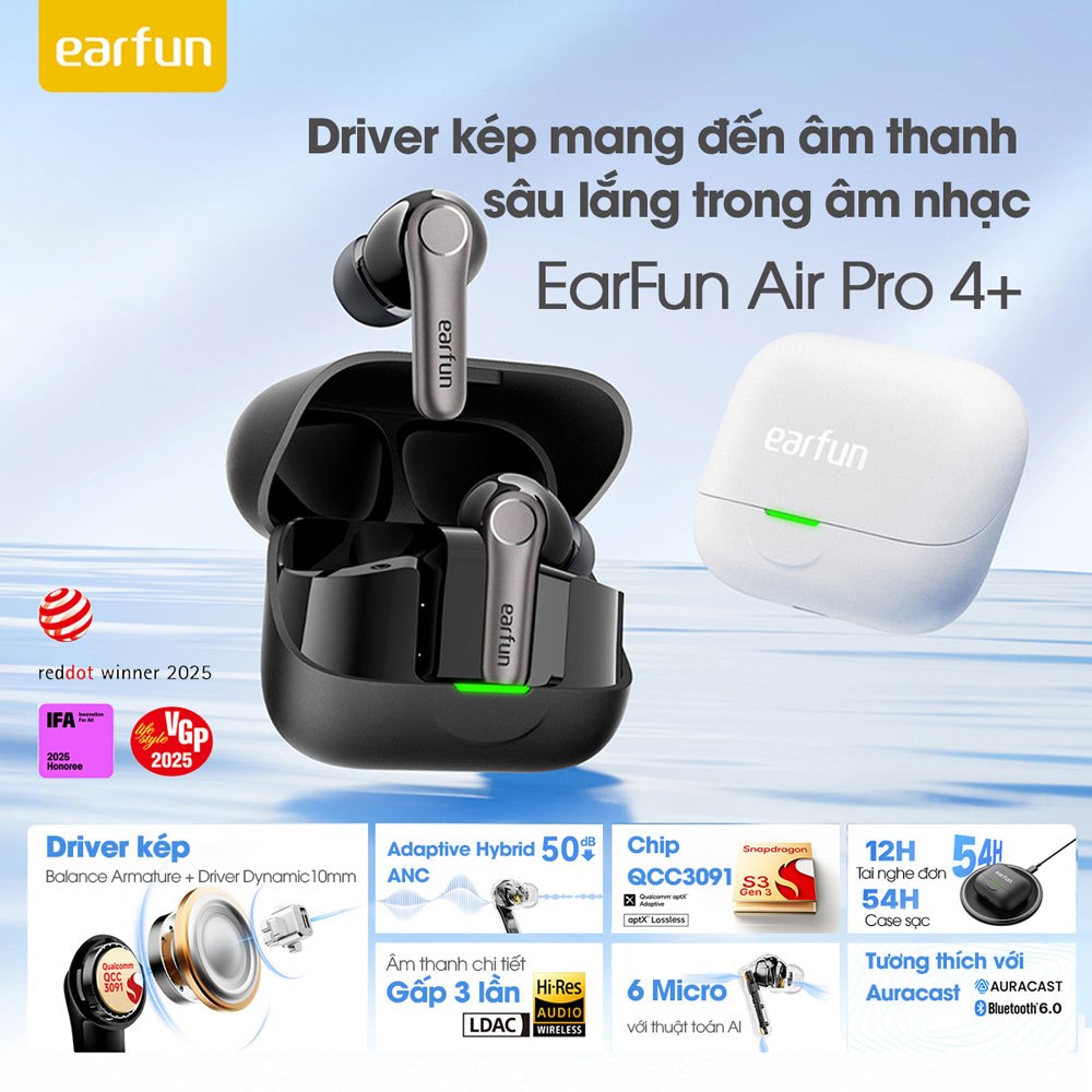 Tai nghe Bluetooth Earfun Air Pro 4+ chống ồn ANC 50dB aptX Lossless LDAC có hỗ trợ dịch thuật AI | BigBuy360 - bigbuy360.vn