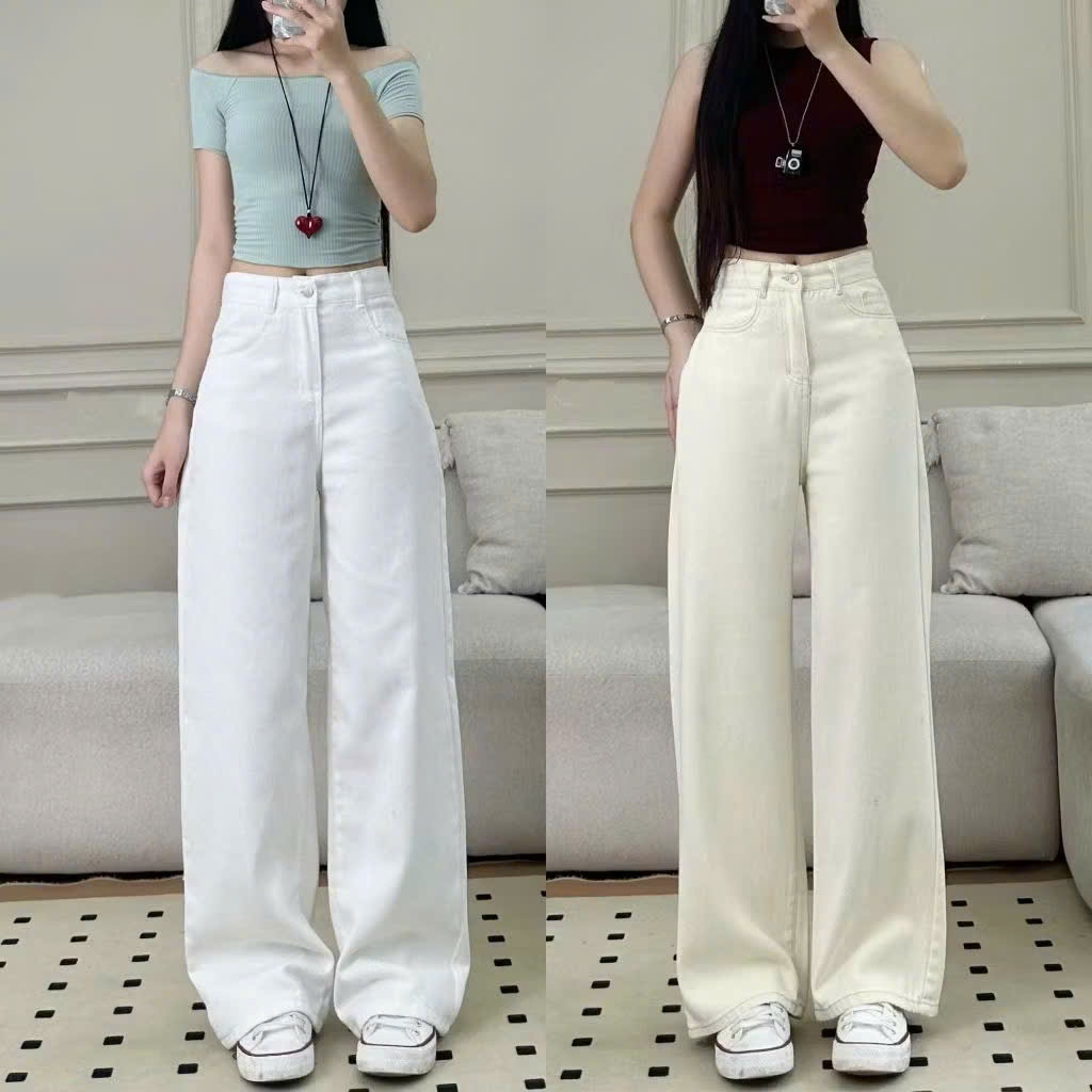 Quần bò jeans trắng nữ Joolate ống suông rộng trơn basic chất jean dày dặn mềm mịn không lộ lên dáng chuẩn
