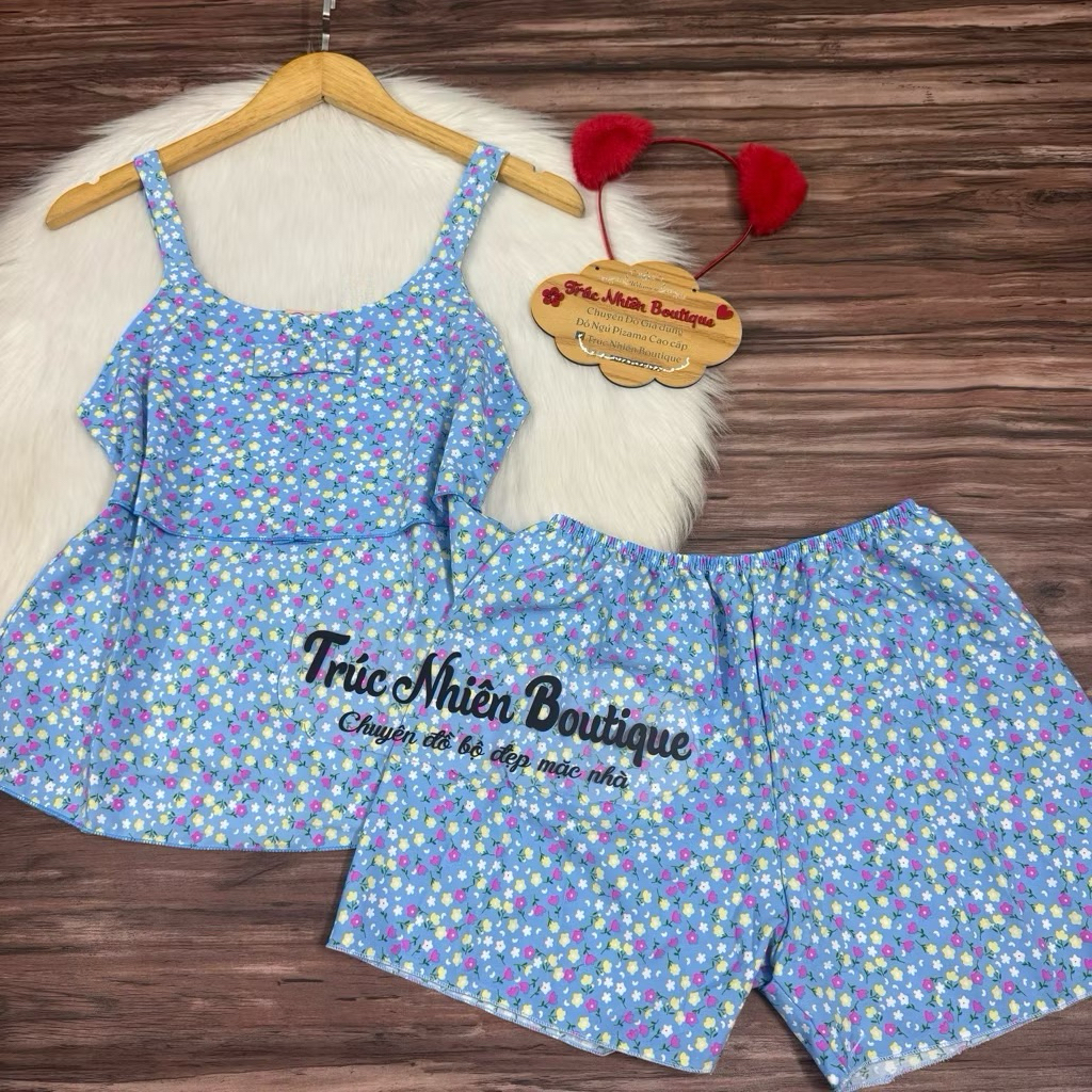 Bộ đồ dây bản to 2 tầng đính nơ mặc nhờ dễ thương phom dưới 58kg, quần không có túi - B29