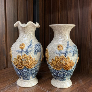 Lọ lượn men rạn đắp nổi Rồng, Hoa Sen Bát Tràng - Lọ thờ cúng phong thủy cao cấp, trang trí bàn thờ - Gốm Việt Pottery