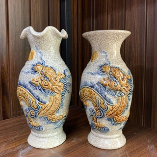 Lọ lượn men rạn đắp nổi Rồng, Hoa Sen Bát Tràng - Lọ thờ cúng phong thủy cao cấp, trang trí bàn thờ - Gốm Việt Pottery