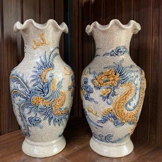 Lọ lượn men rạn đắp nổi Rồng, Hoa Sen Bát Tràng - Lọ thờ cúng phong thủy cao cấp, trang trí bàn thờ - Gốm Việt Pottery