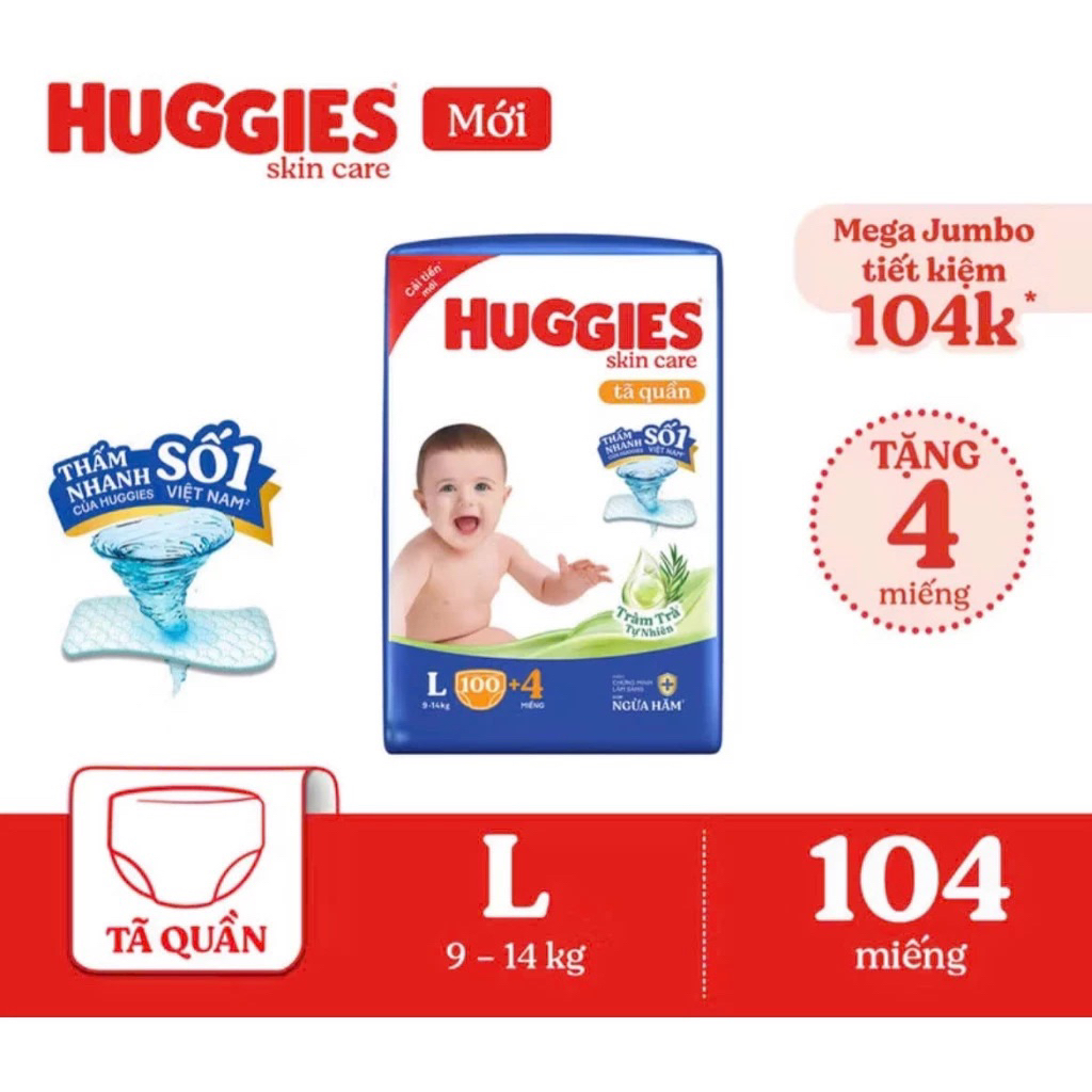 Tã quần Huggies Skincare Mega Jumbo M102+4/L100+4/XL84+4/XXL76+4/XXXL 22+6