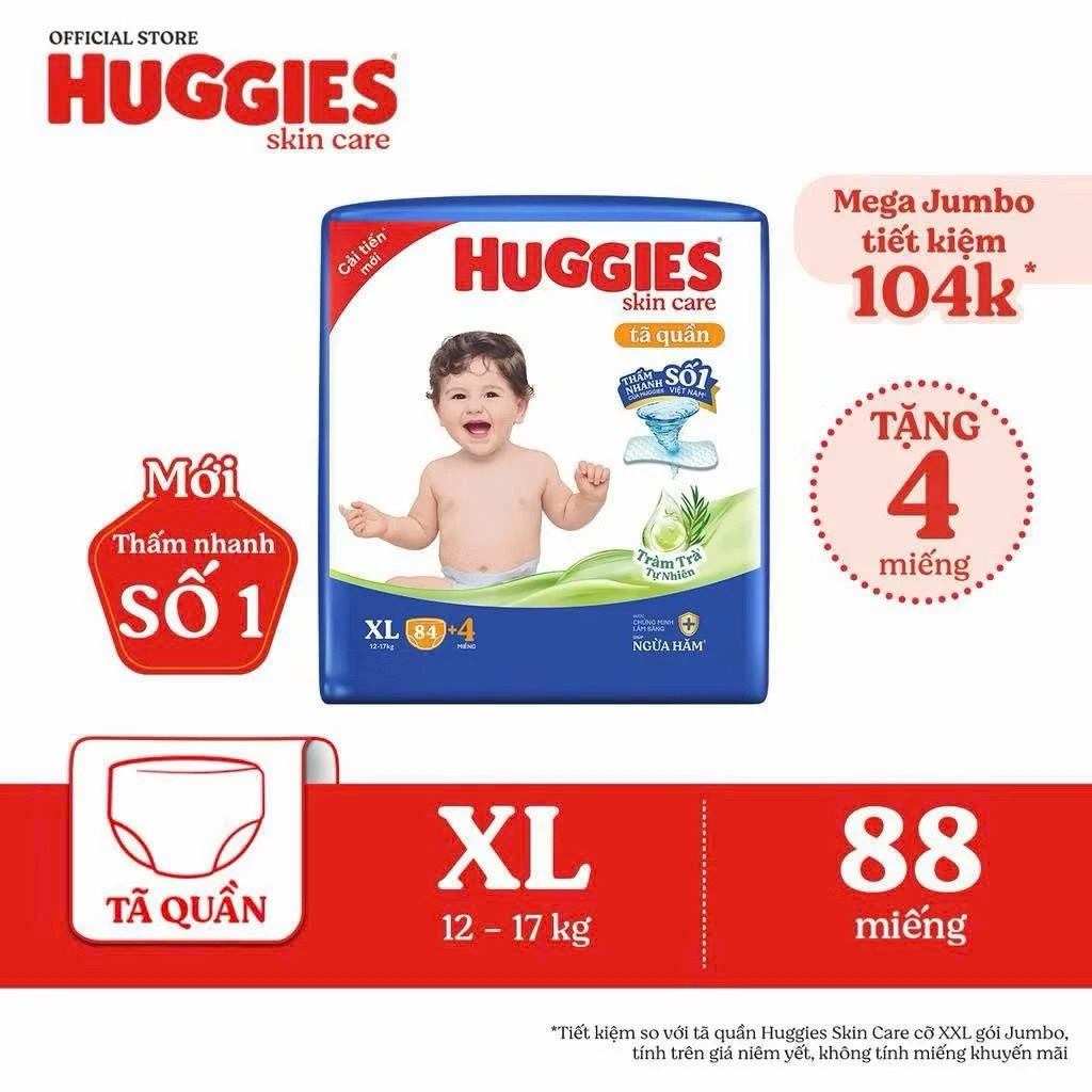 Tã quần Huggies Skincare Mega Jumbo M102+4/L100+4/XL84+4/XXL76+4/XXXL 22+6